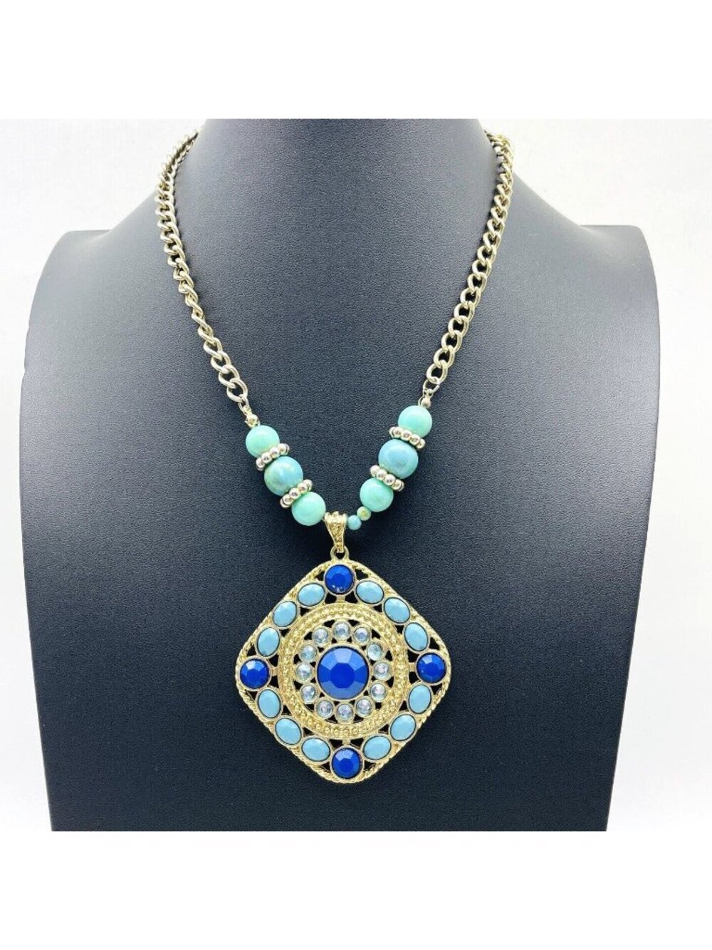 Blue Enamel Rhinestone Pendant Necklace Gold Tone Chain Teal Beads Statement